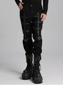 Personalized Twill Woven Patchwork Layer Laminated Front Metal Ring With Eyelet Decorative Loop Design Punk Style Handsome Trousers