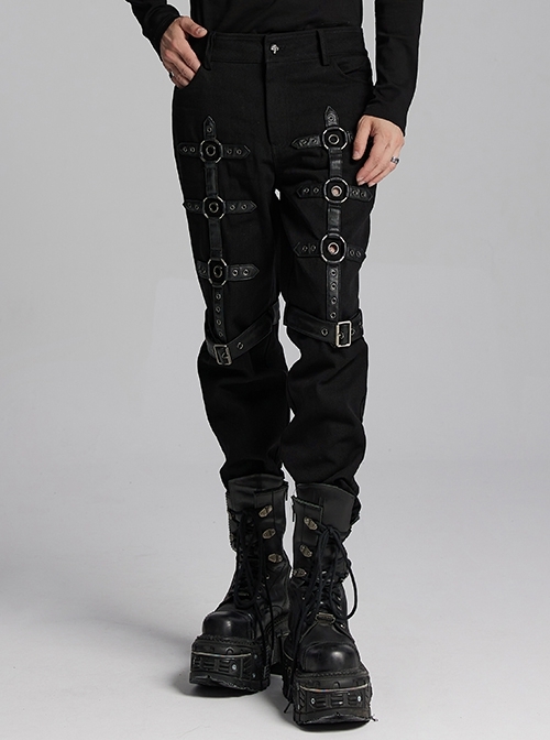 Personalized Twill Woven Patchwork Layer Laminated Front Metal Ring With Eyelet Decorative Loop Design Punk Style Handsome Trousers