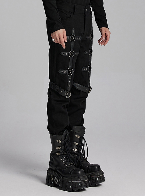 Personalized Twill Woven Patchwork Layer Laminated Front Metal Ring With Eyelet Decorative Loop Design Punk Style Handsome Trousers
