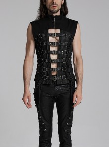 Black Personality Twill Stitching Vertical Stripes Laminated Front Half Hollow With Japanese Word Button Design Punk Style Vest