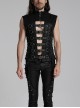 Black Personality Twill Stitching Vertical Stripes Laminated Front Half Hollow With Japanese Word Button Design Punk Style Vest