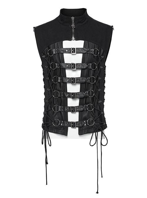 Black Personality Twill Stitching Vertical Stripes Laminated Front Half Hollow With Japanese Word Button Design Punk Style Vest