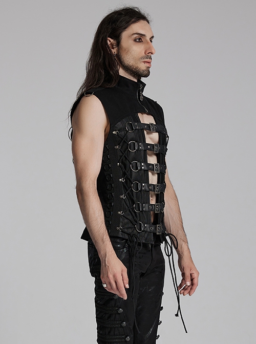 Black Personality Twill Stitching Vertical Stripes Laminated Front Half Hollow With Japanese Word Button Design Punk Style Vest
