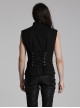 Black Personality Twill Stitching Vertical Stripes Laminated Front Half Hollow With Japanese Word Button Design Punk Style Vest