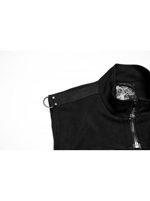 Black Personality Twill Stitching Vertical Stripes Laminated Front Half Hollow With Japanese Word Button Design Punk Style Vest