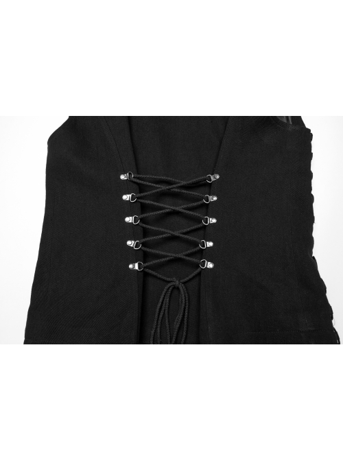 Black Personality Twill Stitching Vertical Stripes Laminated Front Half Hollow With Japanese Word Button Design Punk Style Vest