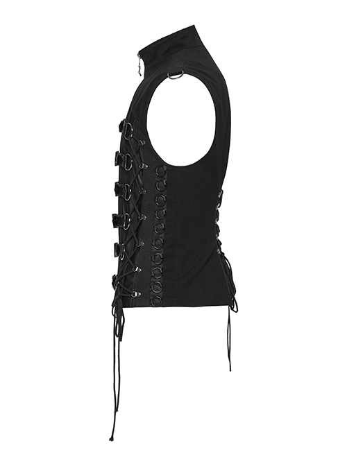 Black Personality Twill Stitching Vertical Stripes Laminated Front Half Hollow With Japanese Word Button Design Punk Style Vest