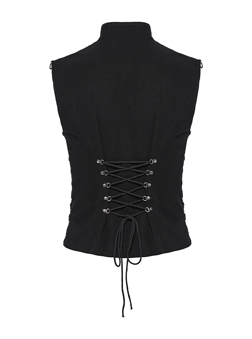 Black Personality Twill Stitching Vertical Stripes Laminated Front Half Hollow With Japanese Word Button Design Punk Style Vest