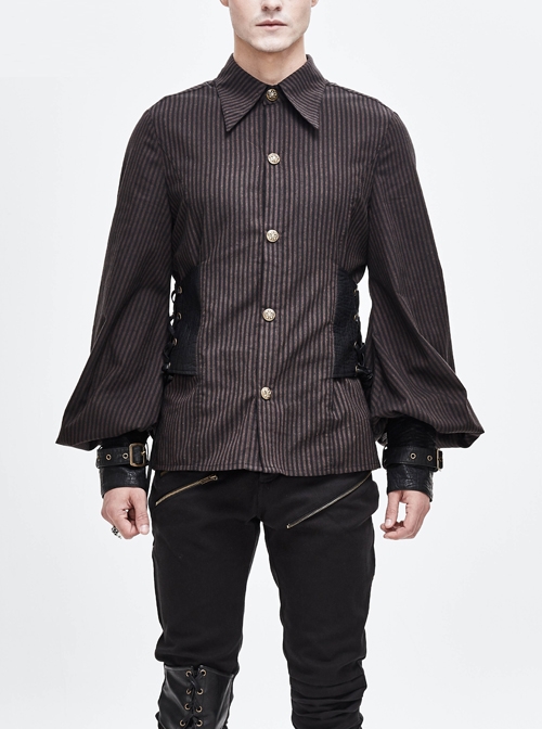 Brown Striped Side Lace-Up Fake Belt Leather Hasp Cuff Punk Shirt