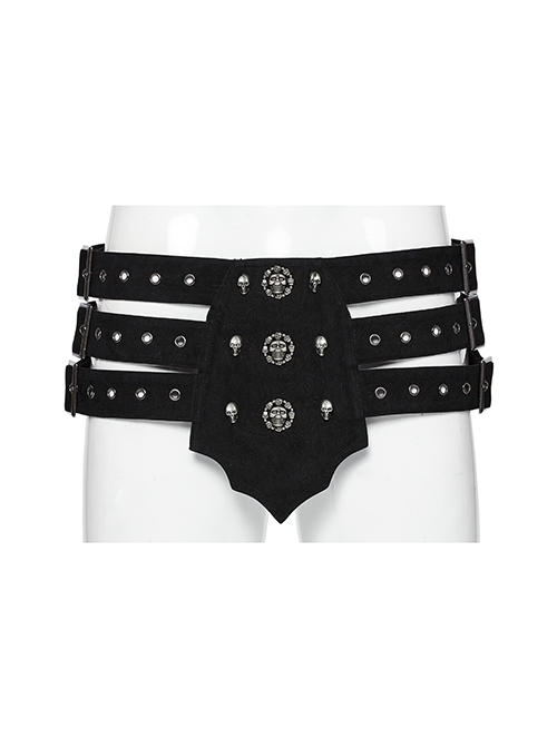 Domineering Three Row Black Old Feel Woven Front Center Personalized Skull Rivet Design Punk Style Belt