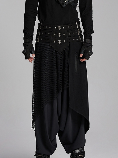 Domineering Three Row Black Old Feel Woven Front Center Personalized Skull Rivet Design Punk Style Belt