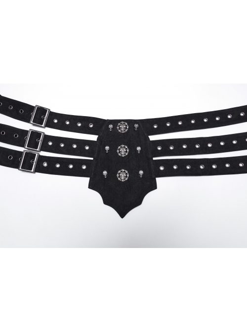 Domineering Three Row Black Old Feel Woven Front Center Personalized Skull Rivet Design Punk Style Belt