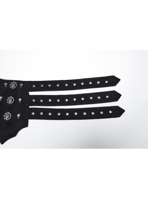 Domineering Three Row Black Old Feel Woven Front Center Personalized Skull Rivet Design Punk Style Belt