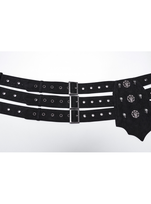 Domineering Three Row Black Old Feel Woven Front Center Personalized Skull Rivet Design Punk Style Belt