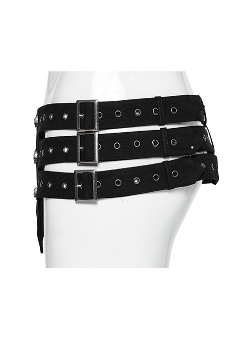 Domineering Three Row Black Old Feel Woven Front Center Personalized Skull Rivet Design Punk Style Belt