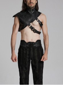 Black Oblique Shoulder Stand Collar Personalized Laminated Double Oblique Buckle Design Punk Style Handsome Shoulder Armor Strap