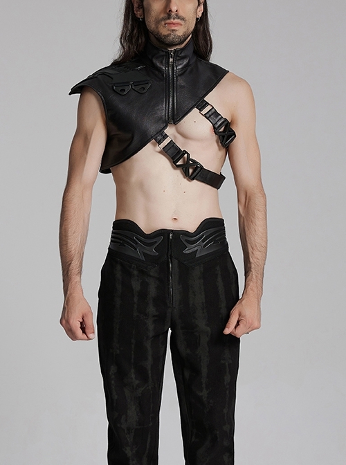 Black Oblique Shoulder Stand Collar Personalized Laminated Double Oblique Buckle Design Punk Style Handsome Shoulder Armor Strap