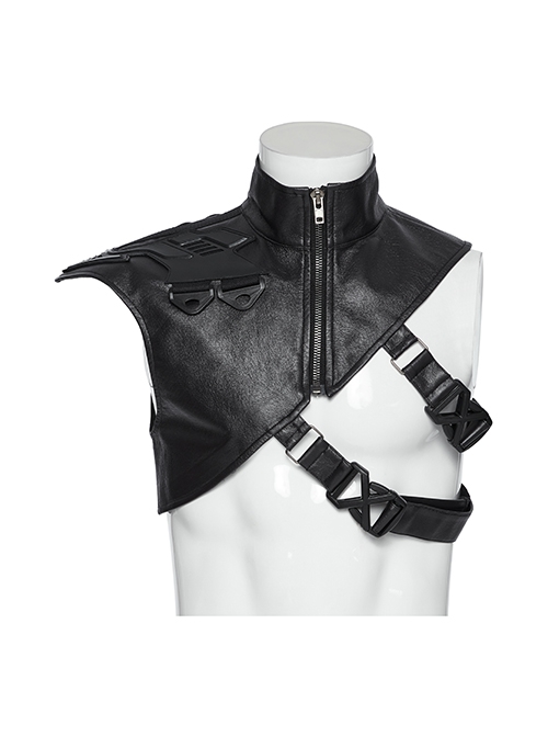 Black Oblique Shoulder Stand Collar Personalized Laminated Double Oblique Buckle Design Punk Style Handsome Shoulder Armor Strap