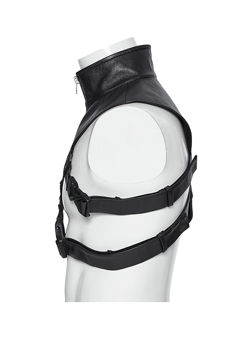 Black Oblique Shoulder Stand Collar Personalized Laminated Double Oblique Buckle Design Punk Style Handsome Shoulder Armor Strap