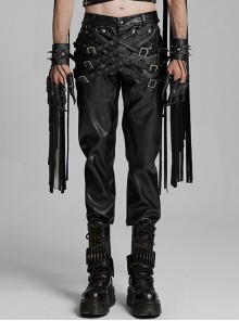 Handsome Black Slightly Elastic PU Leather With Twill Glued Front Chinese And Japanese Word Button Loops Staggered Decoration Punk Style Leather Pants