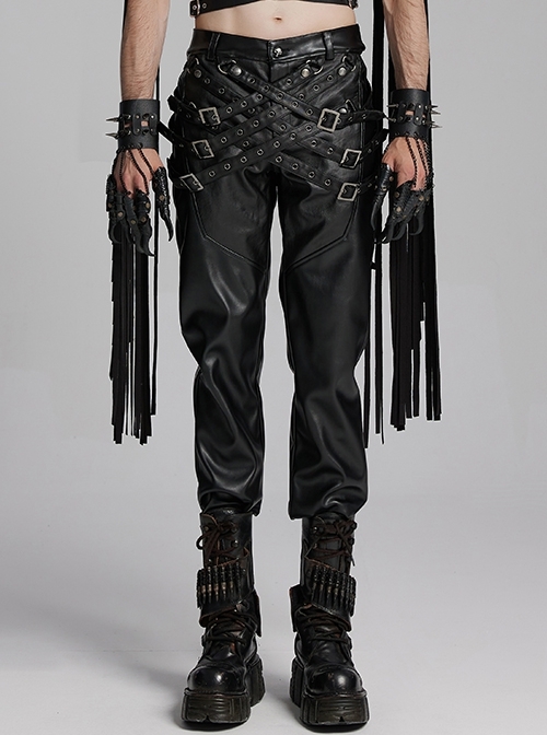 Handsome Black Slightly Elastic PU Leather With Twill Glued Front Chinese And Japanese Word Button Loops Staggered Decoration Punk Style Leather Pants
