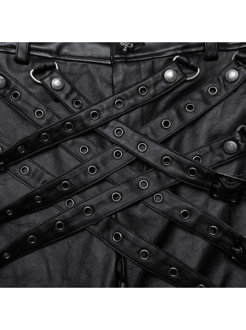 Handsome Black Slightly Elastic PU Leather With Twill Glued Front Chinese And Japanese Word Button Loops Staggered Decoration Punk Style Leather Pants