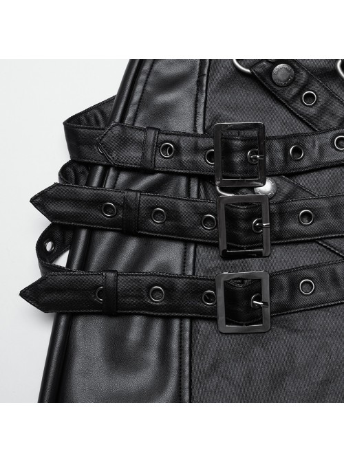 Handsome Black Slightly Elastic PU Leather With Twill Glued Front Chinese And Japanese Word Button Loops Staggered Decoration Punk Style Leather Pants