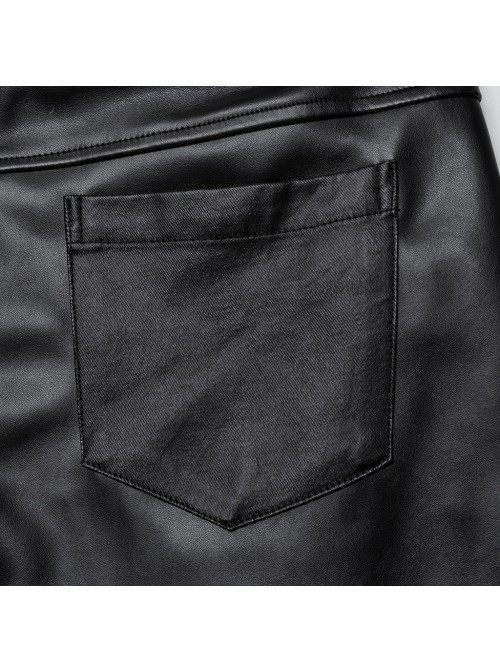 Handsome Black Slightly Elastic PU Leather With Twill Glued Front Chinese And Japanese Word Button Loops Staggered Decoration Punk Style Leather Pants