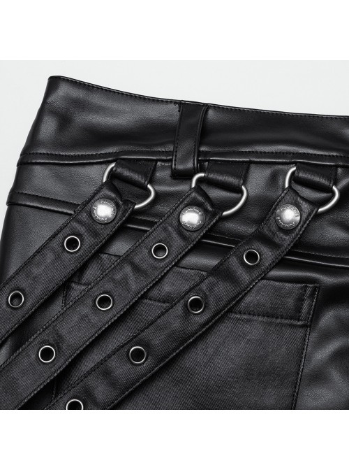 Handsome Black Slightly Elastic PU Leather With Twill Glued Front Chinese And Japanese Word Button Loops Staggered Decoration Punk Style Leather Pants