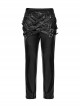 Handsome Black Slightly Elastic PU Leather With Twill Glued Front Chinese And Japanese Word Button Loops Staggered Decoration Punk Style Leather Pants