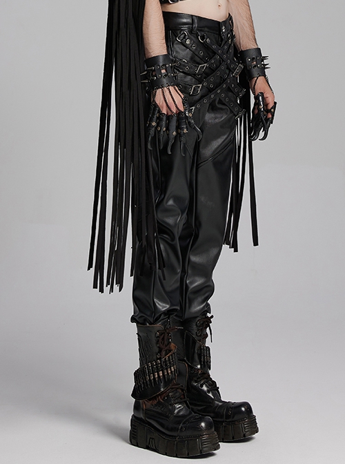 Handsome Black Slightly Elastic PU Leather With Twill Glued Front Chinese And Japanese Word Button Loops Staggered Decoration Punk Style Leather Pants