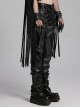 Handsome Black Slightly Elastic PU Leather With Twill Glued Front Chinese And Japanese Word Button Loops Staggered Decoration Punk Style Leather Pants