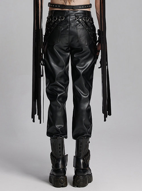 Handsome Black Slightly Elastic PU Leather With Twill Glued Front Chinese And Japanese Word Button Loops Staggered Decoration Punk Style Leather Pants