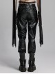 Handsome Black Slightly Elastic PU Leather With Twill Glued Front Chinese And Japanese Word Button Loops Staggered Decoration Punk Style Leather Pants