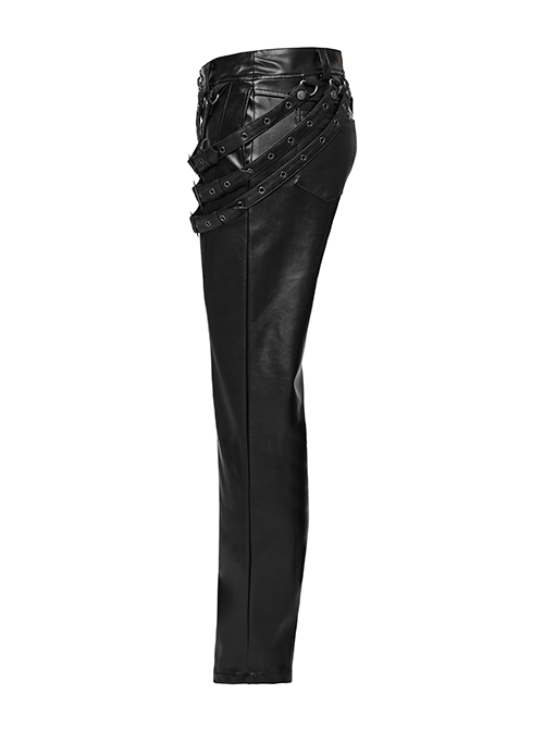 Handsome Black Slightly Elastic PU Leather With Twill Glued Front Chinese And Japanese Word Button Loops Staggered Decoration Punk Style Leather Pants