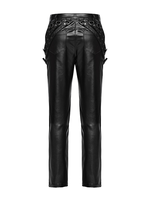 Handsome Black Slightly Elastic PU Leather With Twill Glued Front Chinese And Japanese Word Button Loops Staggered Decoration Punk Style Leather Pants