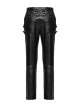 Handsome Black Slightly Elastic PU Leather With Twill Glued Front Chinese And Japanese Word Button Loops Staggered Decoration Punk Style Leather Pants