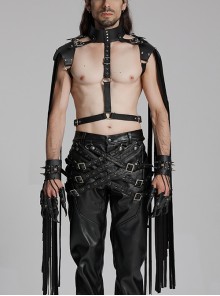 Black Suede And Faux Leather Front Hollow Halter Neck Scorpion Tail Tassel Design Punk Style Shoulder Armor Strap