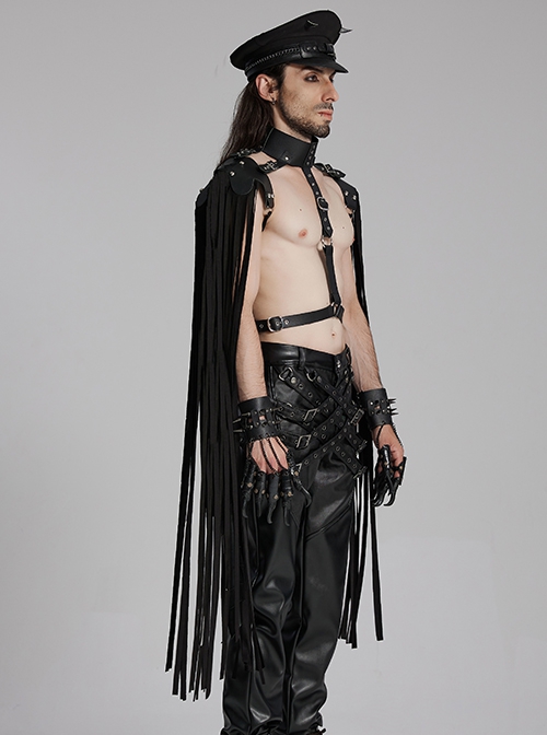 Black Suede And Faux Leather Front Hollow Halter Neck Scorpion Tail Tassel Design Punk Style Shoulder Armor Strap