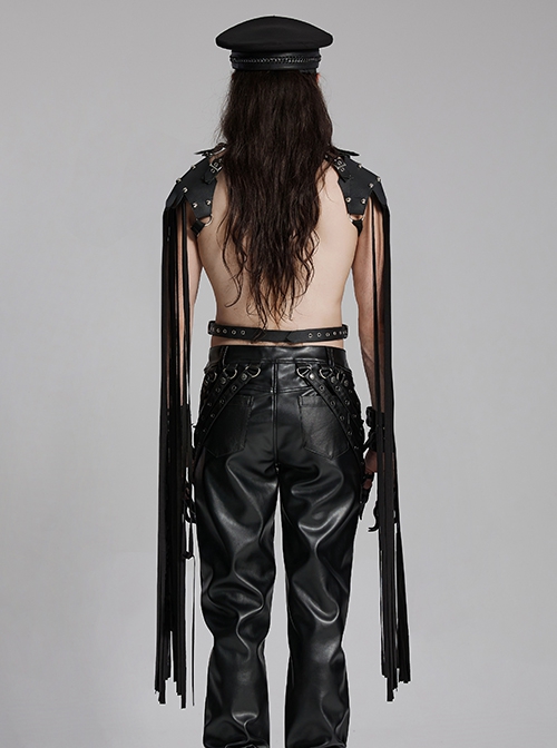 Black Suede And Faux Leather Front Hollow Halter Neck Scorpion Tail Tassel Design Punk Style Shoulder Armor Strap