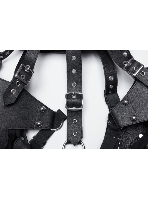 Black Suede And Faux Leather Front Hollow Halter Neck Scorpion Tail Tassel Design Punk Style Shoulder Armor Strap