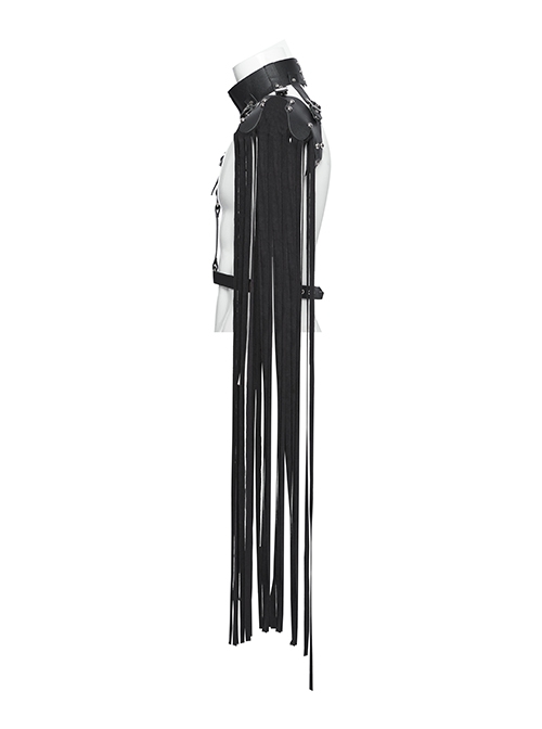Black Suede And Faux Leather Front Hollow Halter Neck Scorpion Tail Tassel Design Punk Style Shoulder Armor Strap