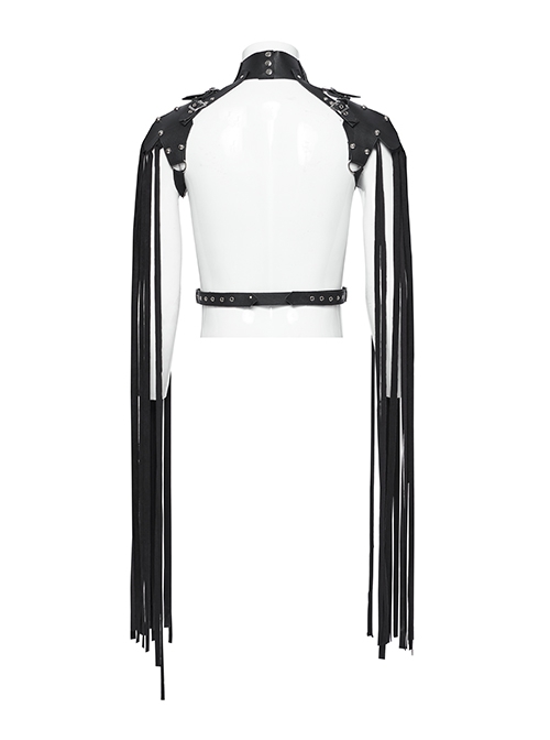 Black Suede And Faux Leather Front Hollow Halter Neck Scorpion Tail Tassel Design Punk Style Shoulder Armor Strap