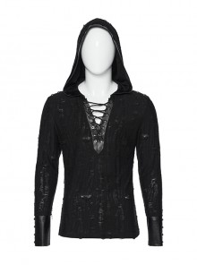 Handsome Black Soft Elastic Hole Knitted Front Center V Neck Drawstring Design Punk Style Long Sleeved Hooded T-Shirt