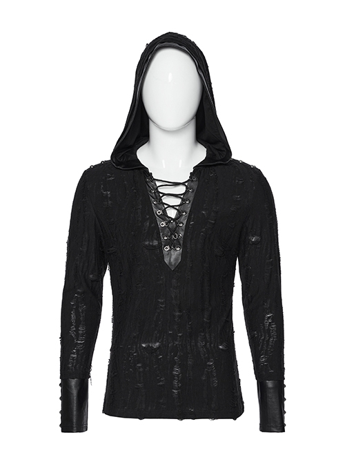 Handsome Black Soft Elastic Hole Knitted Front Center V Neck Drawstring Design Punk Style Long Sleeved Hooded T-Shirt