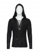 Handsome Black Soft Elastic Hole Knitted Front Center V Neck Drawstring Design Punk Style Long Sleeved Hooded T-Shirt