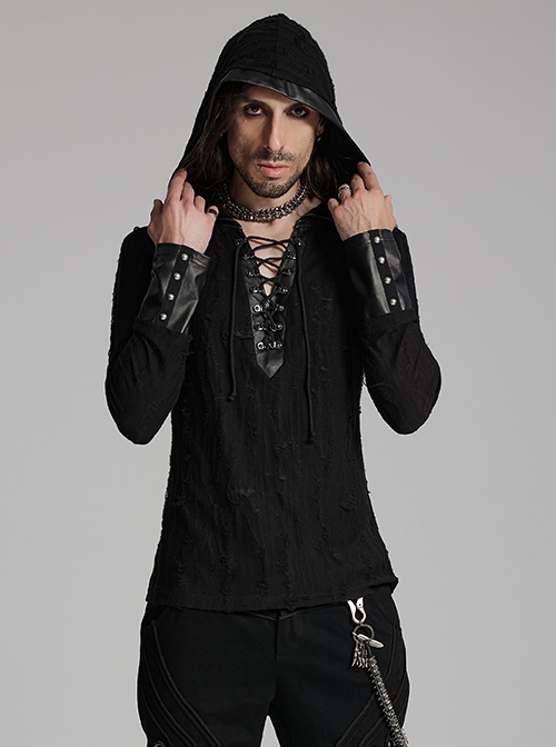 Handsome Black Soft Elastic Hole Knitted Front Center V Neck Drawstring Design Punk Style Long Sleeved Hooded T-Shirt