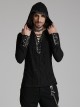 Handsome Black Soft Elastic Hole Knitted Front Center V Neck Drawstring Design Punk Style Long Sleeved Hooded T-Shirt