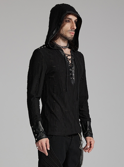 Handsome Black Soft Elastic Hole Knitted Front Center V Neck Drawstring Design Punk Style Long Sleeved Hooded T-Shirt