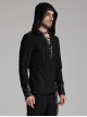 Handsome Black Soft Elastic Hole Knitted Front Center V Neck Drawstring Design Punk Style Long Sleeved Hooded T-Shirt